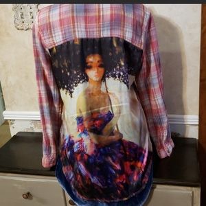 Aratta Plaid Top with Artistic Print in Pink and Blue